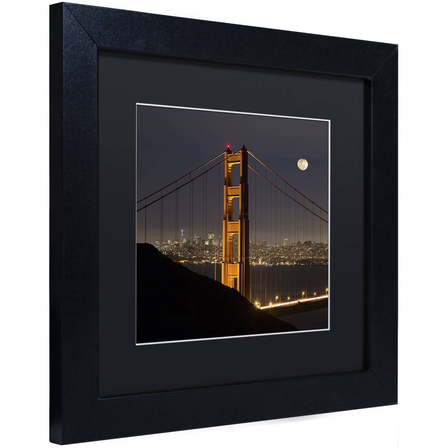 Trademark Fine Art "Golden Gate and Moon" Canvas Art by Moises Levy Black Matte, Black Frame