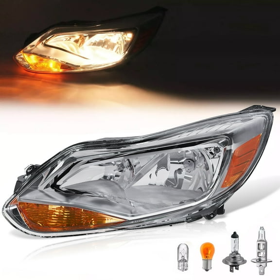 Kojem Left Headlights for 2012-2014 Ford Focus 4-Door Driver Side Halogen Headlamp w/bulbs Clear Lens Chrome Housing