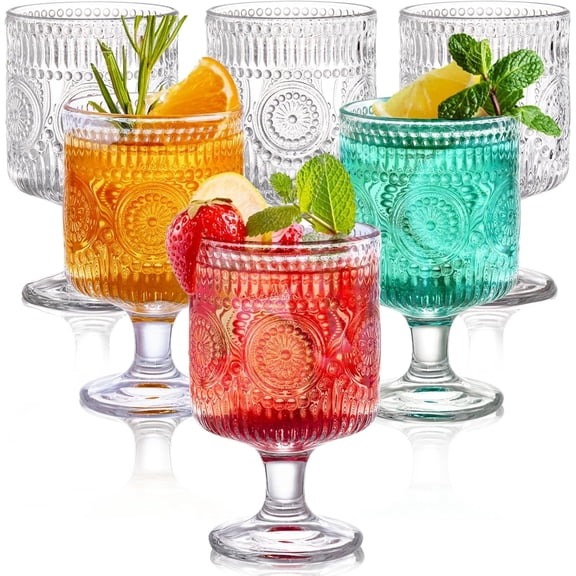 6 Pack Vintage Goblet Glasses, 8 OZ Embossed Floral Glass Cup, Clear Romantic Wine Glassware, Unique Pressed Pattern Stemware, Mixed Drink Glasses Set for Cocktail, Juice,Whiskey, Beer