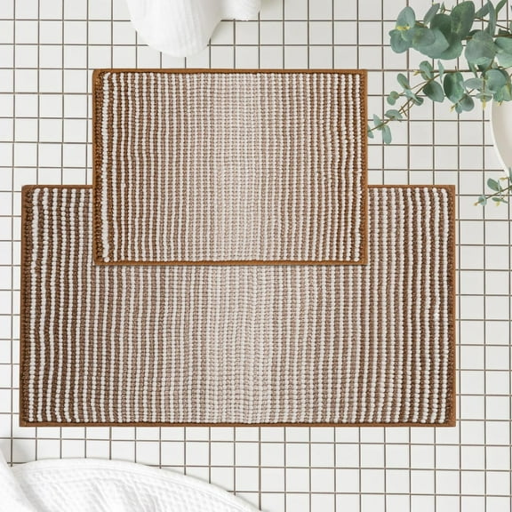 Ombre Chenille Bathroom Rugs Sets 2 Piece 17"x24" 20"x32", Non-Slip Bath Mats Set for Bathroom Floor, Bath Rugs Set of 2, Washable Shower Mat, Camel Brown and White