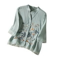 thumbnail image 3 of Boho Clothes for Women 3/4 Sleeve Cotton Linen V Neck Embroidered Blouses Trendy Summer Casual Tops by Yigetop Light blue XL, 3 of 7