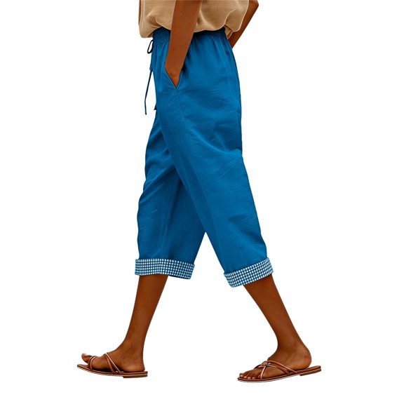 LEKODE Women's Linen Capri Pants Casual Straight Leg Drawstring Elastic Waist Cuffed Ankle Cropper Trousers with Pockets Blue L