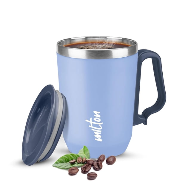Cool Touch Coastal Coffee Mug With Lid - 300ml, Blue | Double Walled Inner Stainless Steel Tea Mug & Lid - Coffee Mug Travel Tea Cup | Light Weight, Leak Proof