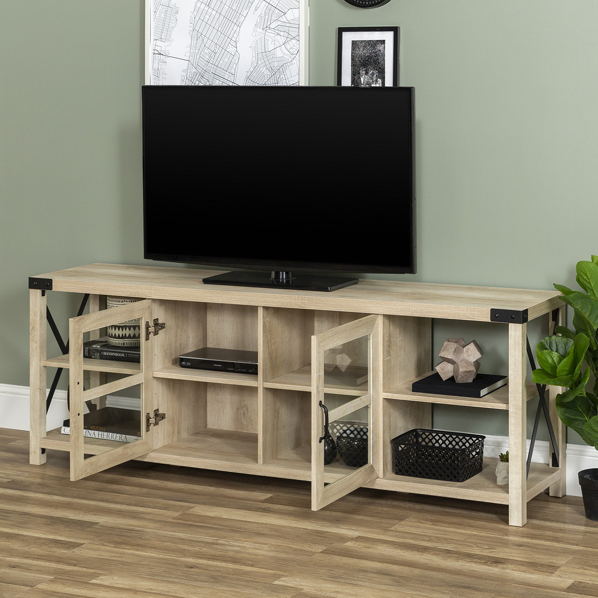 Woven Paths Farmhouse 2-Door Metal X TV Stand for TVs up to 80", White Oak - image 4 of 13