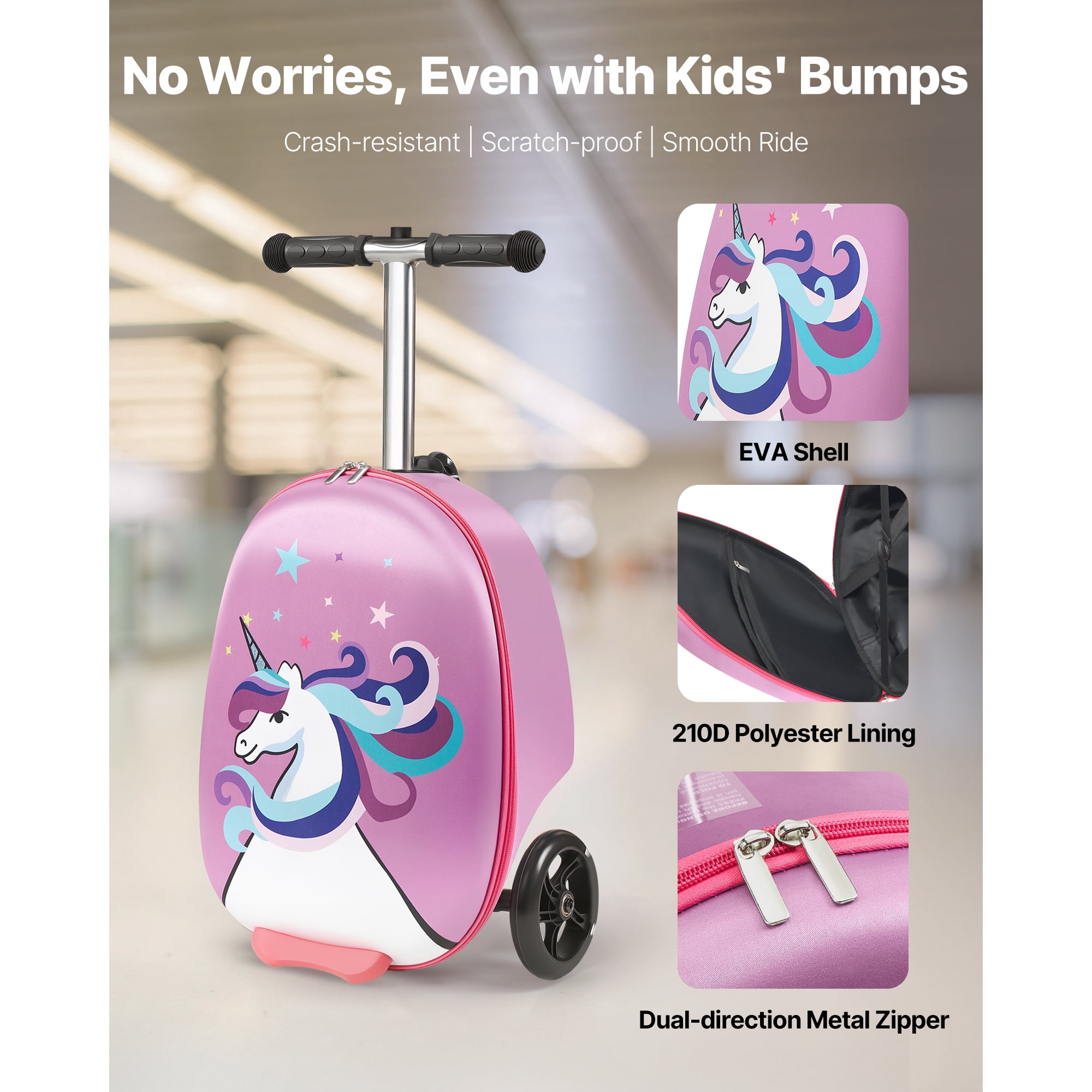 KFFKFF Ride-on Kids Luggage, 20L Capacity, 20-Inch Scooter Suitcase with Flashing PU Wheels, Adjustable Handle & Non-Slip Grip, Foldable and Lightweight Travel Companion for Children Aged 5+, Purple