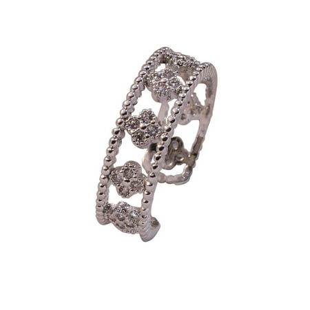 - Adjustable Wide Filigree Design Ring With Pave Clovers And Cut-Out Silhouette Of Floral Patterns Set In Sterling Silver
