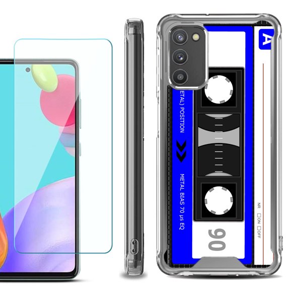 Shockproof Bumper Phone Case for Samsung Galaxy A02s, with Tempered Glass Screen Protector, by OneToughShield ® - Cassette Blue