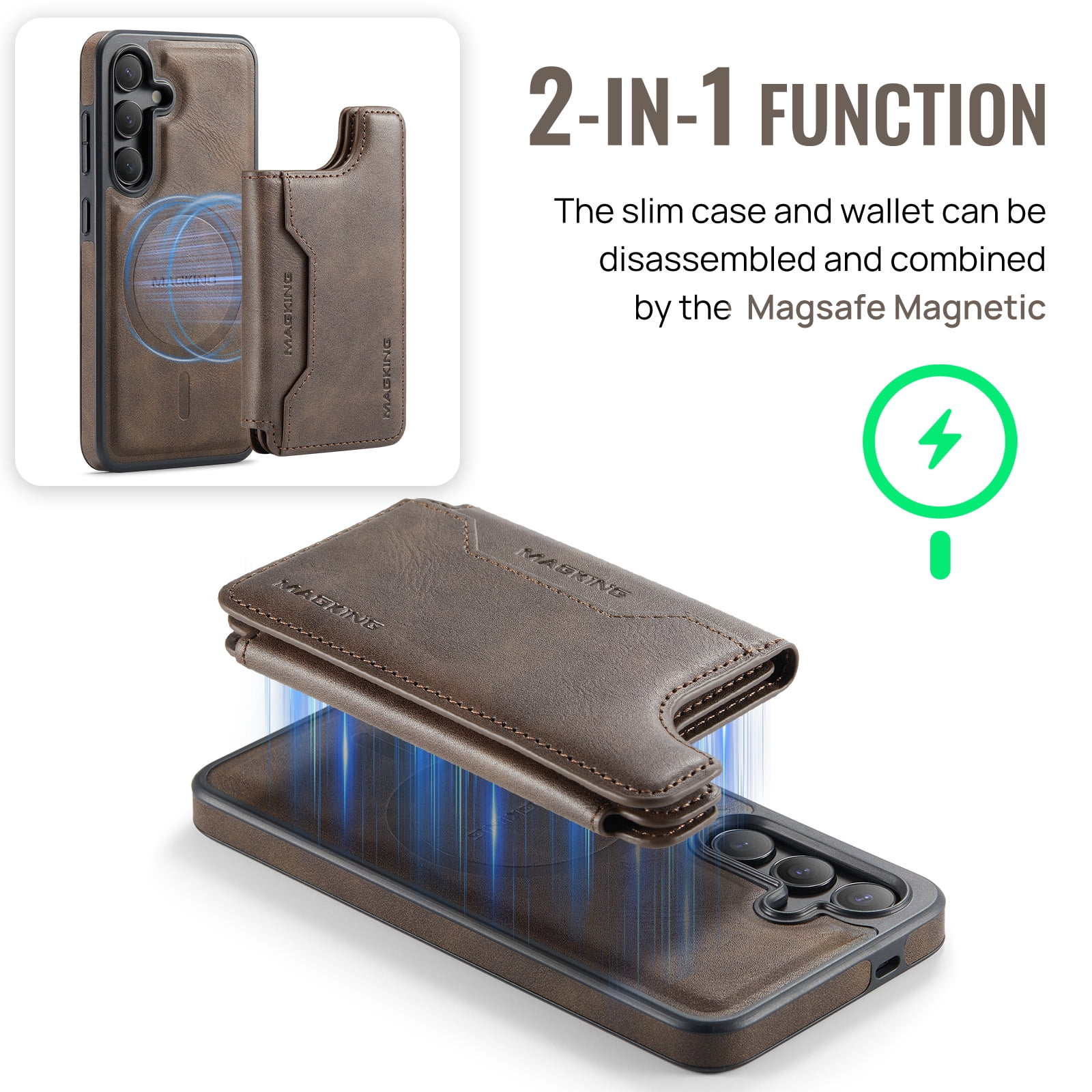 Designed for Samsung Galaxy S25 Wallet Phone Case,Magnetic Detachable Flip Card Holder,Back Flip Kickstand,Compatible with Mag-Safe,2-in-1 PU Leather Heavy Duty Shockproof Phone Case,Coffee