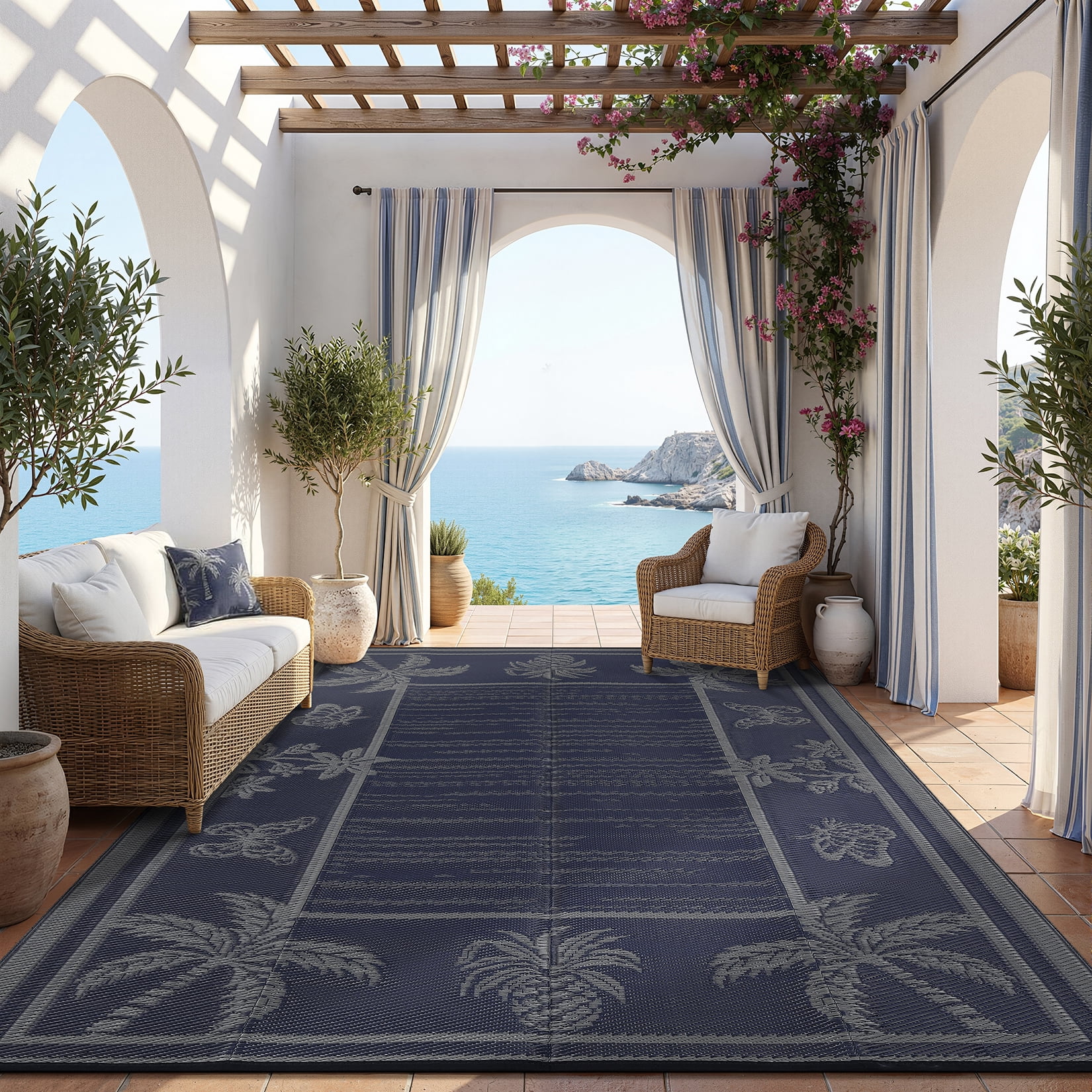 FairOnly 9'x12'Modern Tropical Floral Outdoor Rug Waterproof Reversible & Portable for Patio Poolside & Beach RV,Black Blue