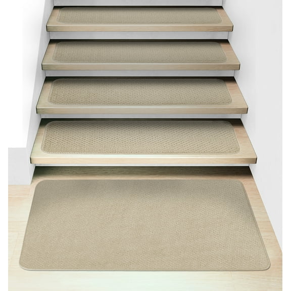 Set of 15 Attachable Carpet Stair Treads and Matching Landing Rug - Ivory Cream