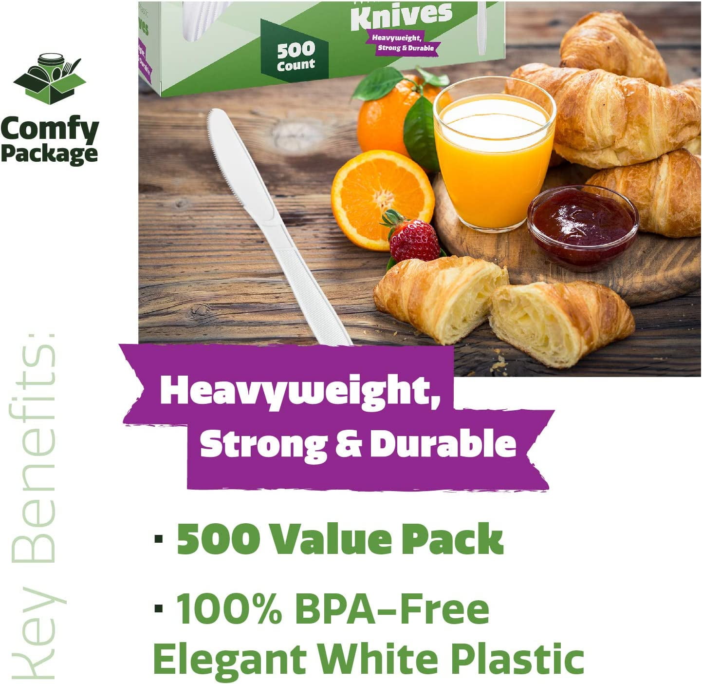 Comfy Package 500 Pack Extra Heavyweight Disposable White Plastic Knives