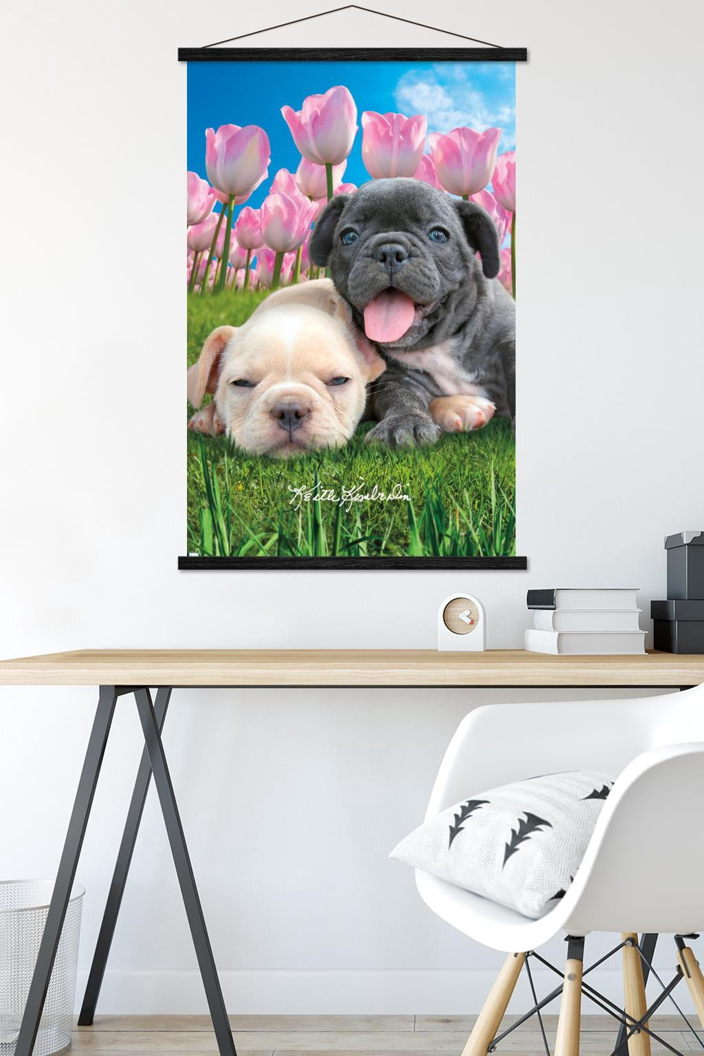 Keith Kimberlin - Bulldog Puppies Wall Poster with Wooden Magnetic Frame, 22.375" x 34"