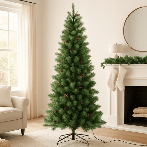 Artificial Pre-lit Christmas Tree with Warm White LED Lights and Pine Cones, 7ft Christmas Tree Home Holiday Décor, Hinged, Branches for Indoor Decoration Easy Setup