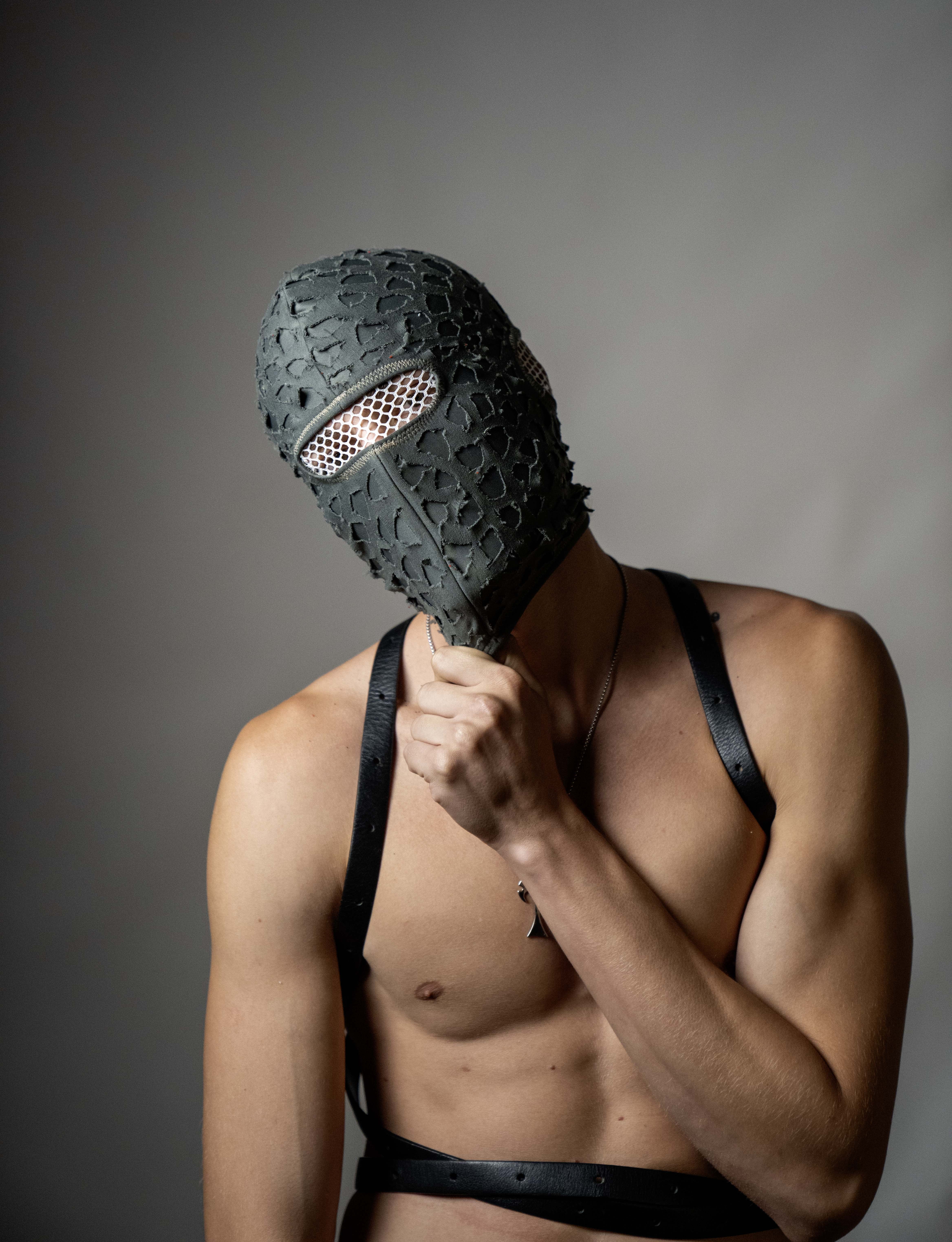 Handmade balaclava ski mask, torn and tattered, shabby tacky cotton ragged full face cover and protector Fragmented, unisex, all ages