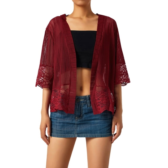 Summer Women's Open Front Shrug Short Sleeve Solid Color Lace Patchwork Cardigan Sheer Bolero Cover Up