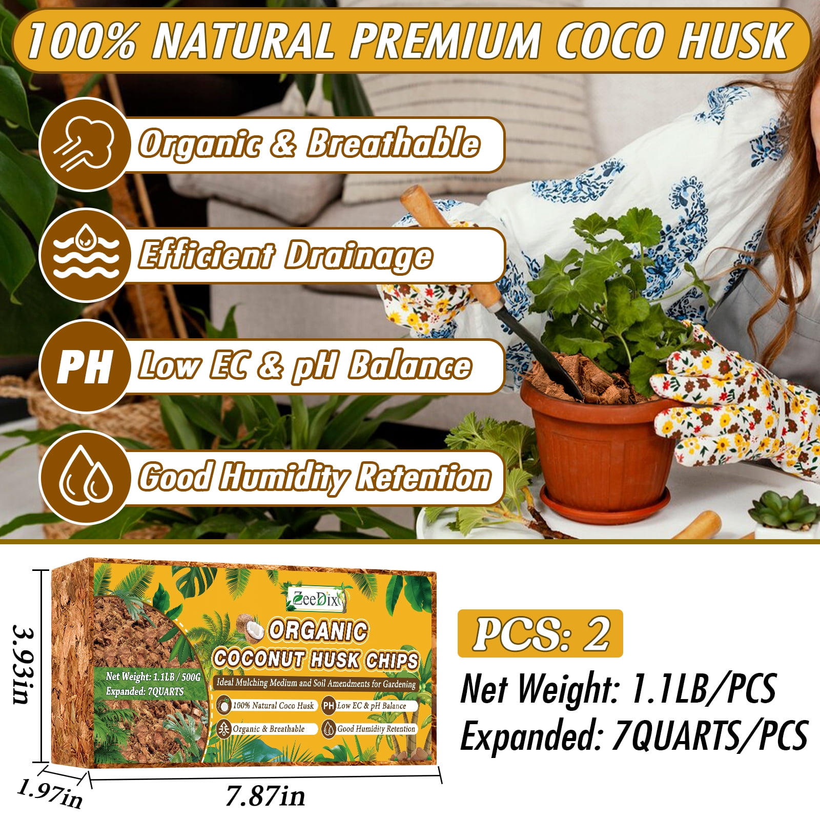 ZeeDix 2 Pcs Coco Coir Chips, Coco Chips Bricks Growing Medium for Plants, Low EC, pH Balanced, 100% Organic Compressed Coconut Fiber Husk Substrate for Plants, Flowers and Herbs (1.1LB/Pcs)