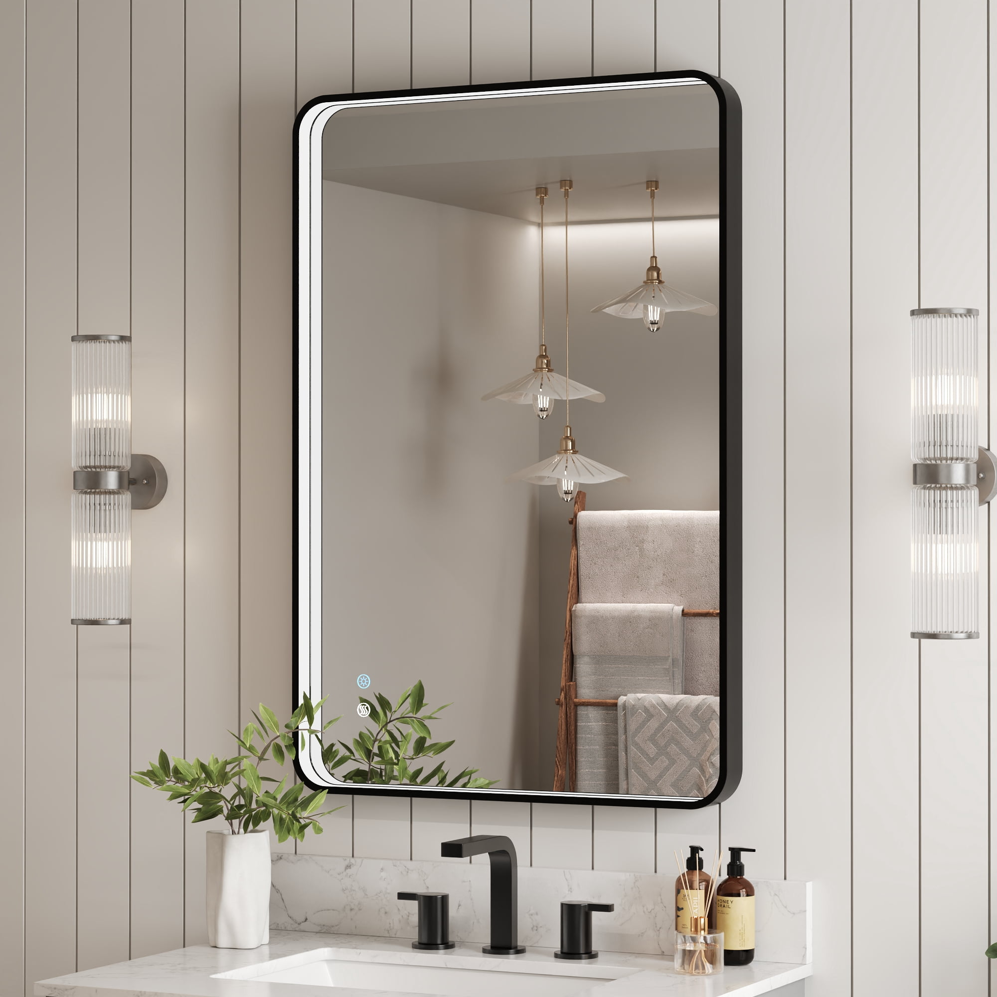 36 in. W x 24 in. H Rectangular Framed Dimmable LED Light Anti-Fog Wall Bathroom Vanity Mirror in Black