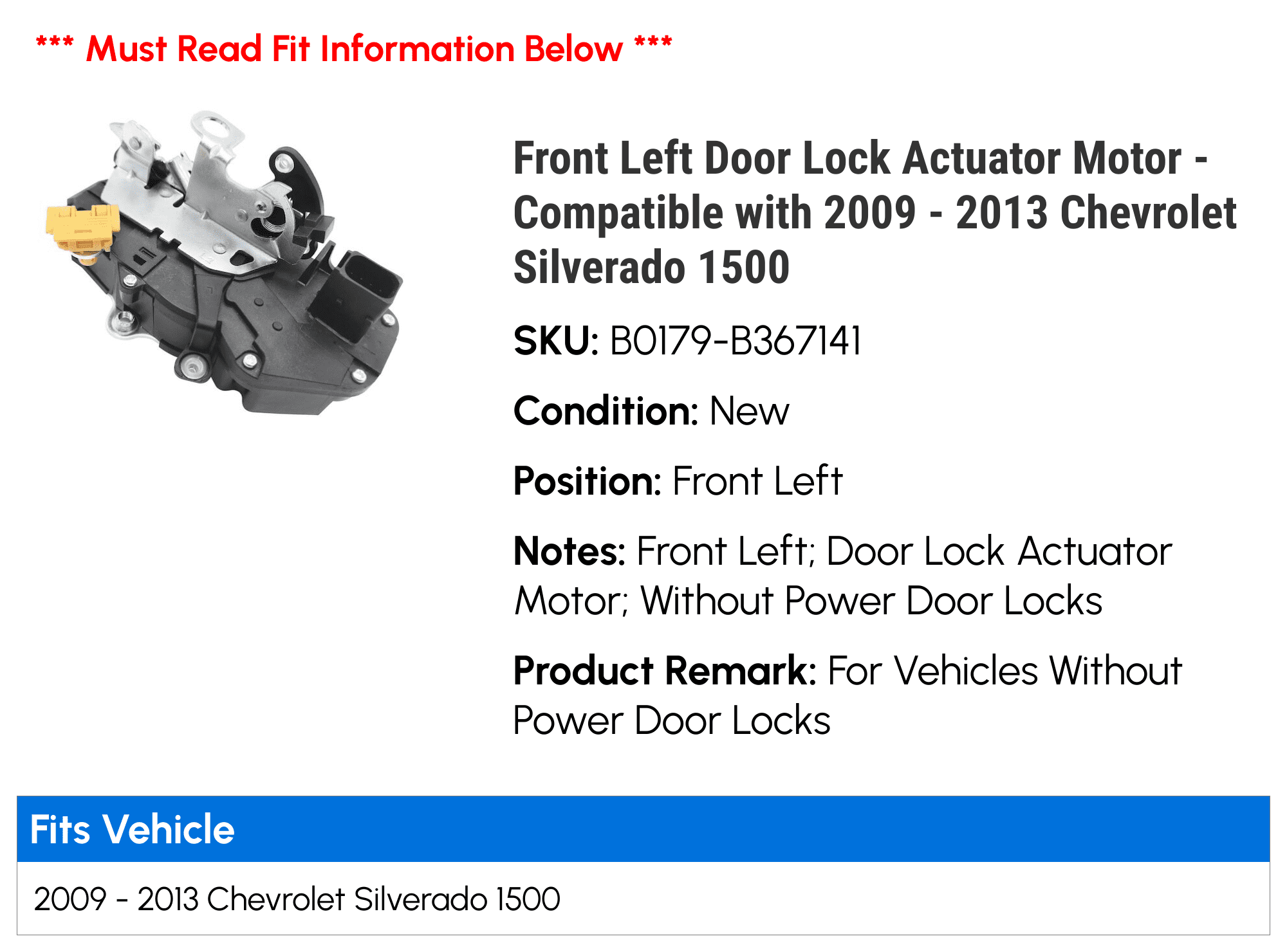 Front Left Door Lock Actuator Motor - Compatible with 2009 - 2013 Chevy Silverado 1500 2010 2011 2012