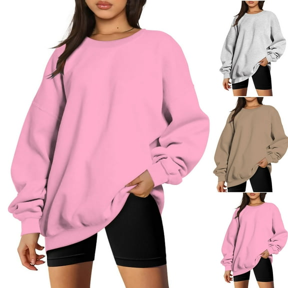 ATOYSOY Women's Long Sleeve Tees Fall Winter Oversized Tops Solid Color Pullover with Pockets Casual Shirts Drop Shoulder Fashion Crew Neck Sweatshirts Outwear Brown L