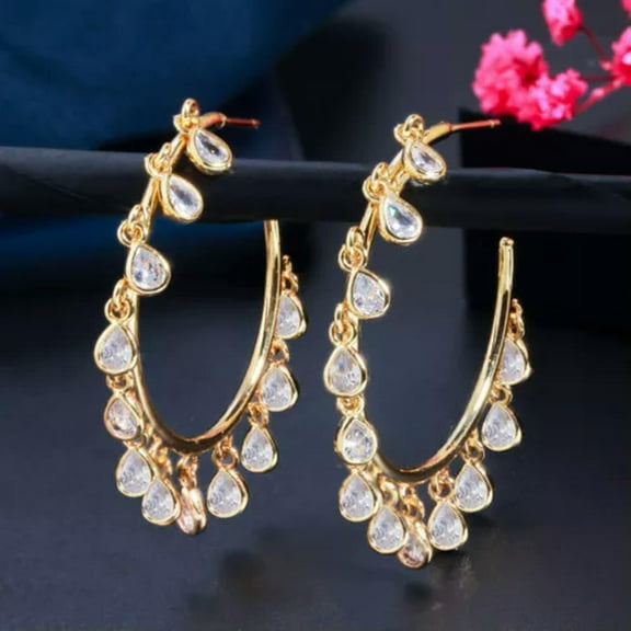 Boho Yellow Gold Plated Rainbow CZ Round Dangle Tassel Drop Charms Hoop Earrings