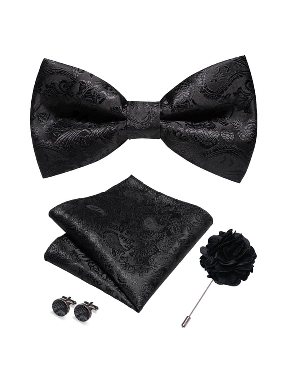 Men's Black Paisley Pre-Tied Bow Tie 4-Piece Gift Set with Pocket Square, Cufflinks & Lapel Pin