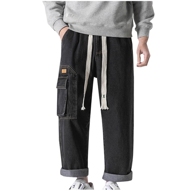 Funicet Mens Work Pants,Work Pants for Men,Man Leisure Straight Pants Draw Rope Lace Up Elasticity Work Clothes Cowboy Trousers,Lace Up Pants,Men Work Pants