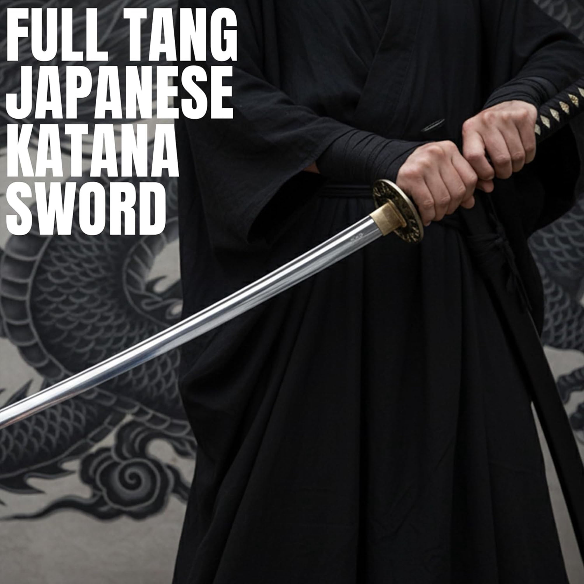 SZCO 41" Hand Forged Samurai Katana Sword Full Tang Stainless Steel Blade Black Scabbard, Display Stand & Gift Box for Cosplay & Display