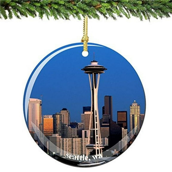 City-Souvenirs Seattle Christmas Ornament, Porcelain 2.75' Double Sided Space Needle Christmas Ornaments