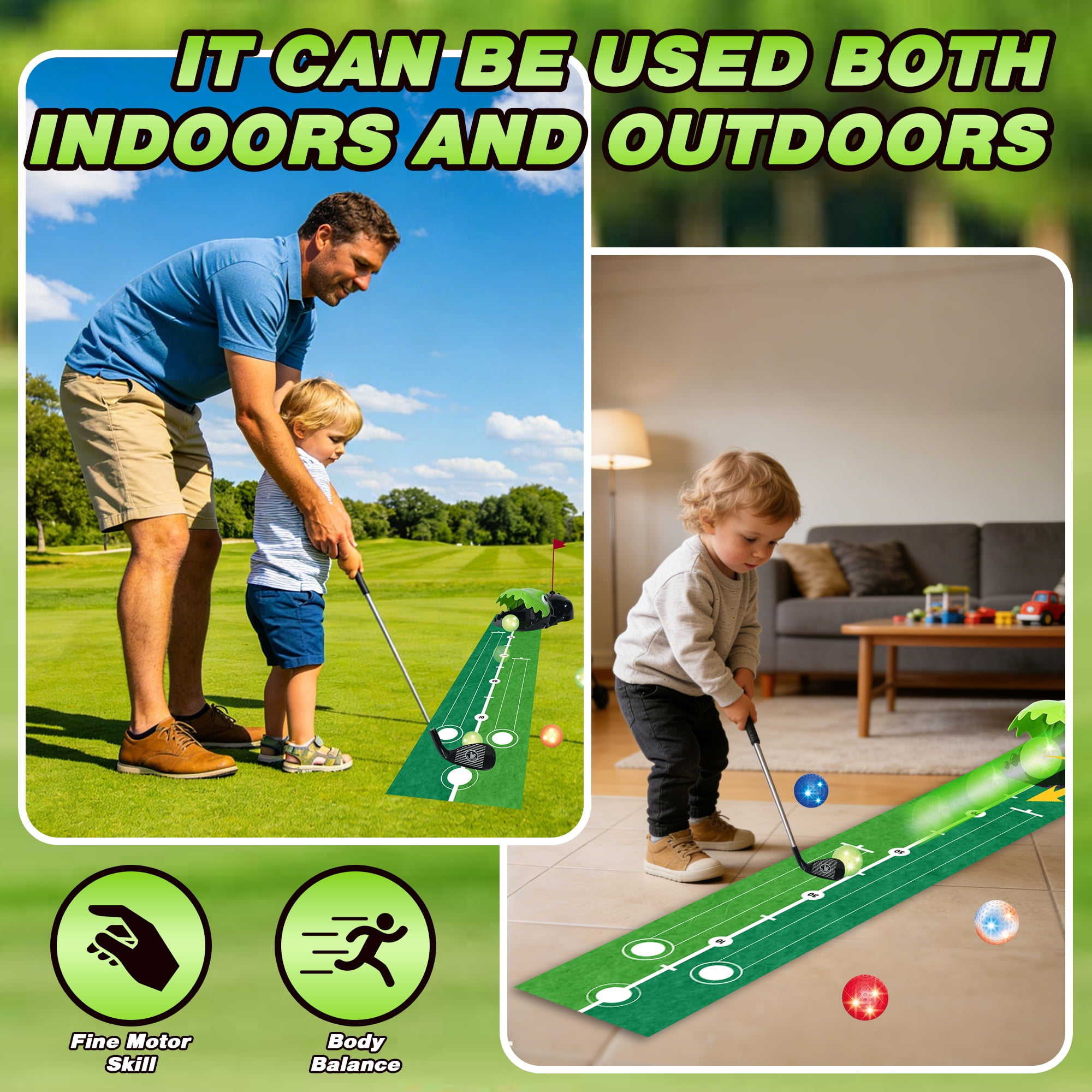JUGAAD LIFE Toddler Golf Set Kids Toy Golf Clubs Set with Dinosaur Automatic Ball Returner 3 Clubs & Putting Mat Golf Game Indoor Outdoor Sport Toys Gift for Boys Girls 3 4 5 6+ Years Old - Green