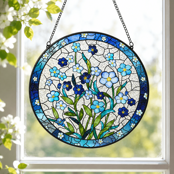 Forget Me Not Stained Glass Suncatcher, Memorial Window Hanging Decor, Sympathy Gift (3.94")