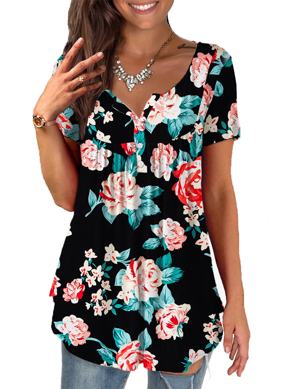 FOLUNSI Womens Plus Size Tunic Tops, Floral Print, Short Sleeve Casual ...