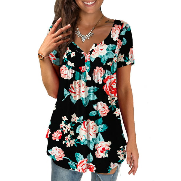 FOLUNSI Womens Plus Size Tunic Tops Short Sleeve Casual Floral Henley ...