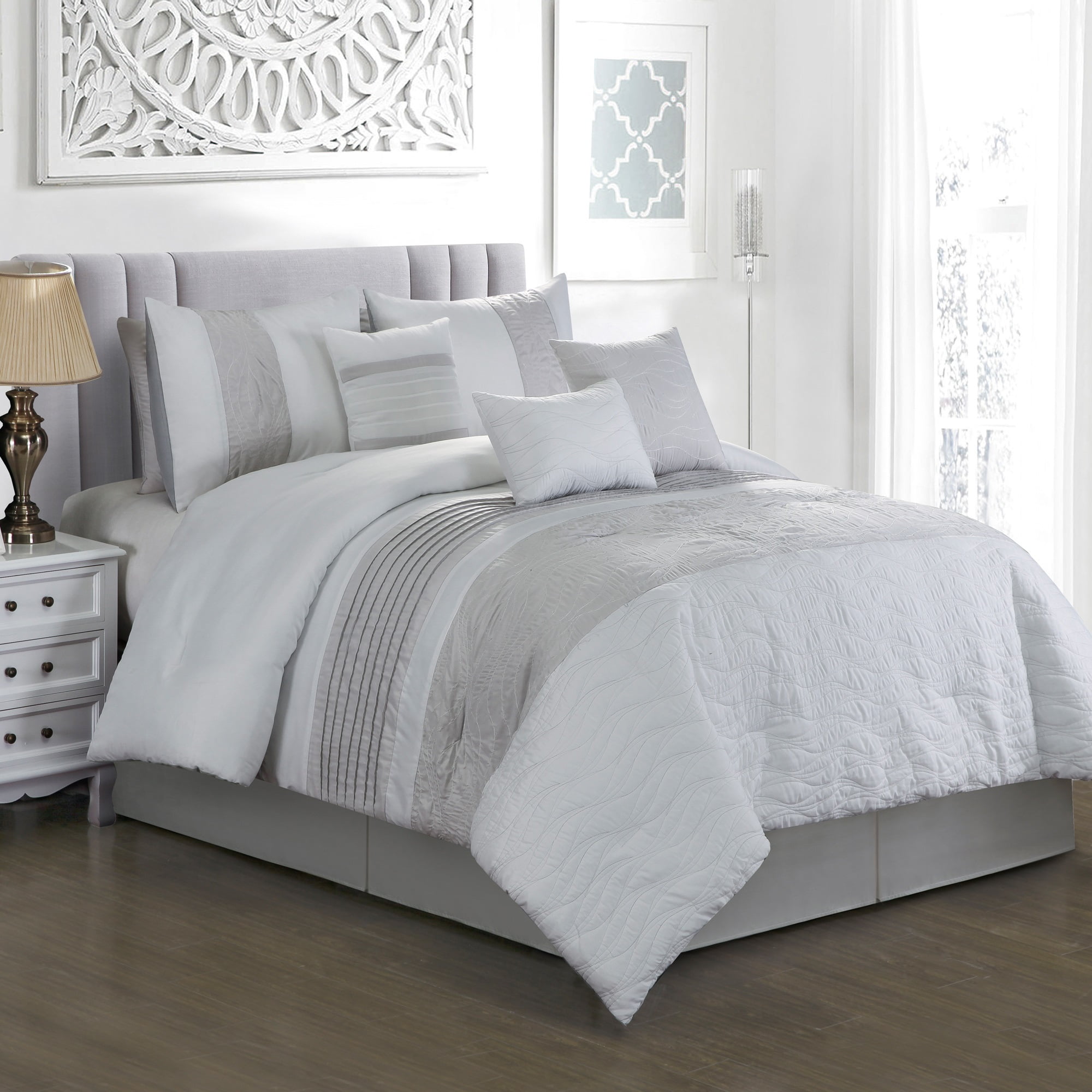 Unique Home Aries 7 Piece Striped Wavy Embroidery Bed in a Bag