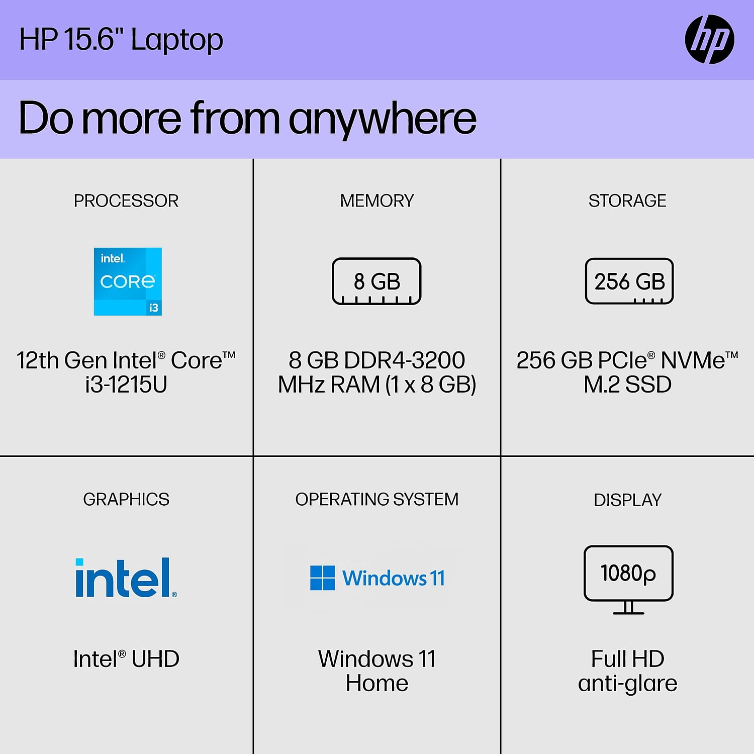HP 15.6" Laptop Intel Core i3-1215U 8GB Memory 256GB SSD Windows 11 Home (8J0Z6UA#ABA)
