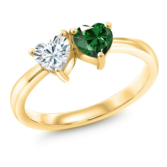 Gem Stone King 18K Yellow Gold Plated Silver Green Nano Emerald Ring Set with Moissanite (0.92 Cttw) (Size 9)