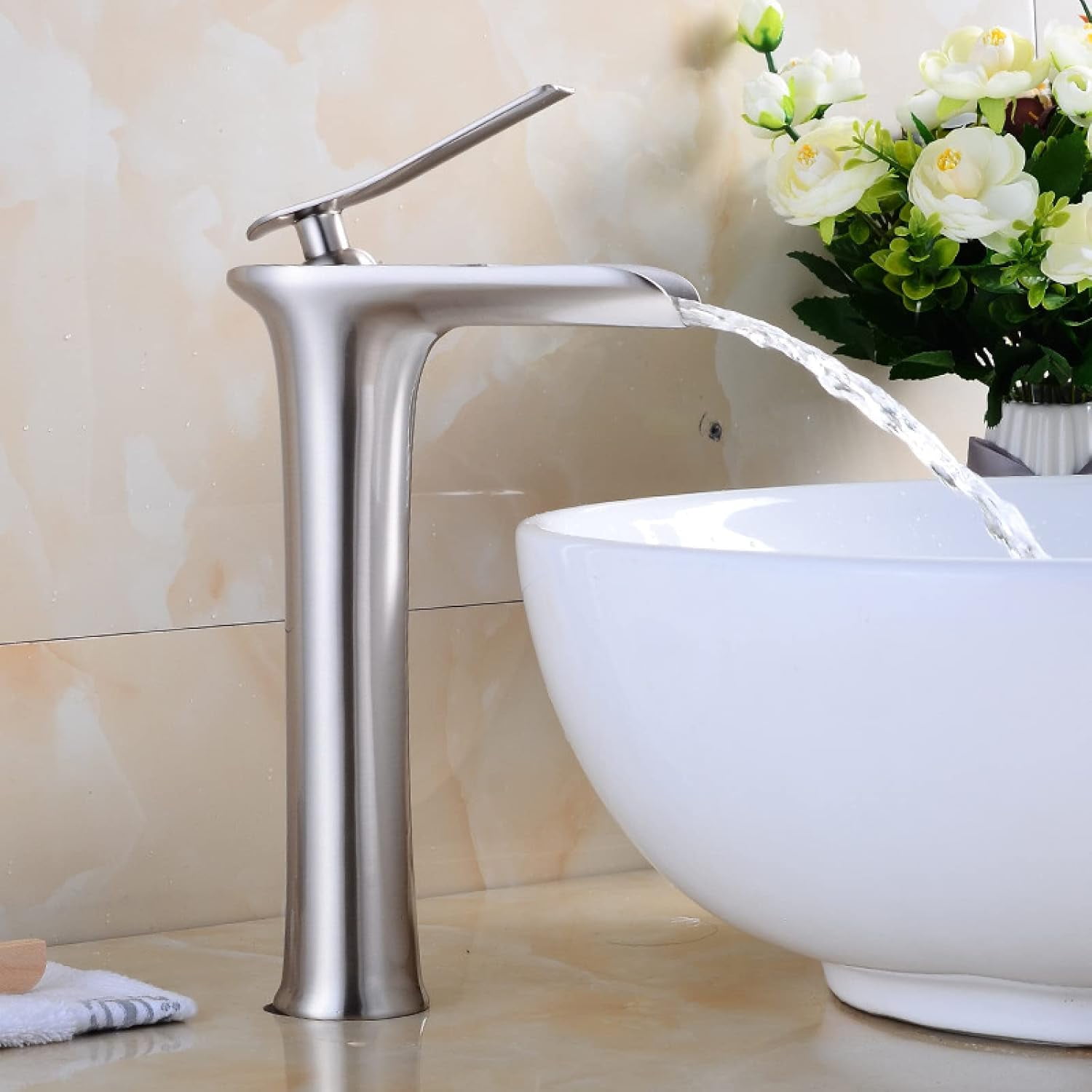 Bathroom Waterfall Faucets for Sink, Solid Brass, Hot and Cold Water Mixer Tap, Single Handle Waterfall Bathroom Sink Faucets Brushed, High