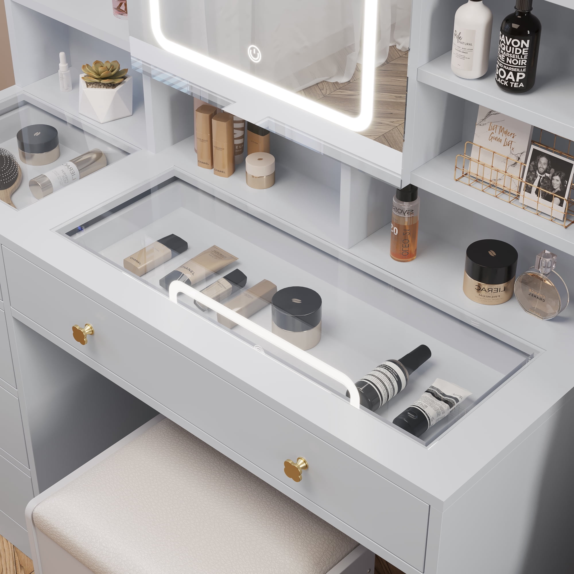 5-Drawer Dressing Table Set with Shelves and Hooks Dressing Table with Power Strip LED Three-Tone Mirror and Tempered Glass Desktop Vanity Set with Textured Melamine Finish 47.24*15.75*53.54in White