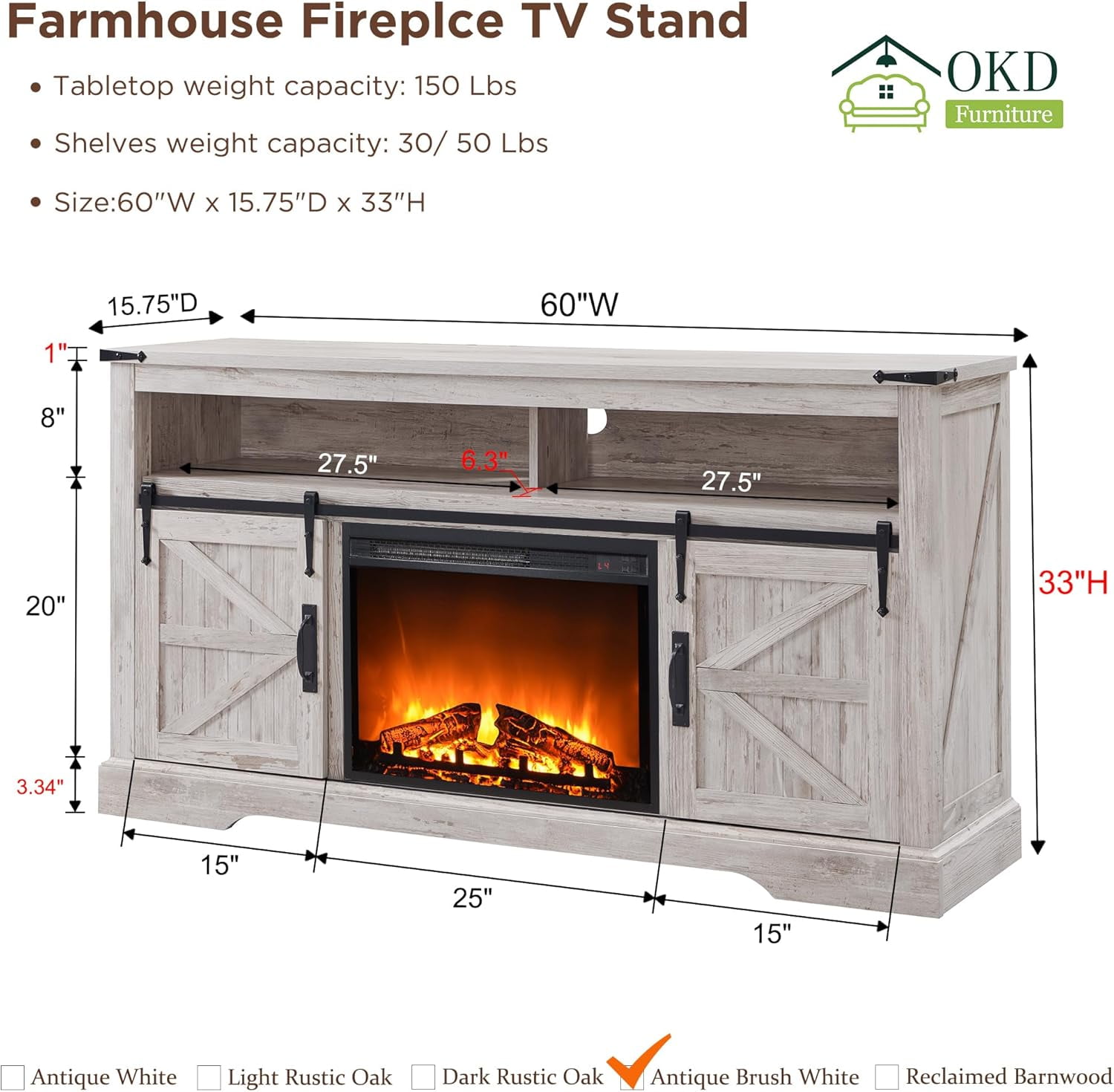 OKD Farmhouse Fireplace TV Stand up to 70", Entertainment Center with 23" Fireplace & Open Storage Shelves for Living Room, Antique Brush White