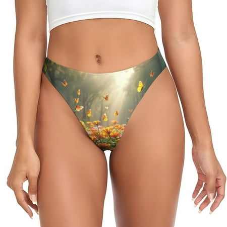 Qokaie Butterflies In Flower Field Printed Women s Cotton Thong Underwear  Sexy Breathable Panties G-string-X-Small