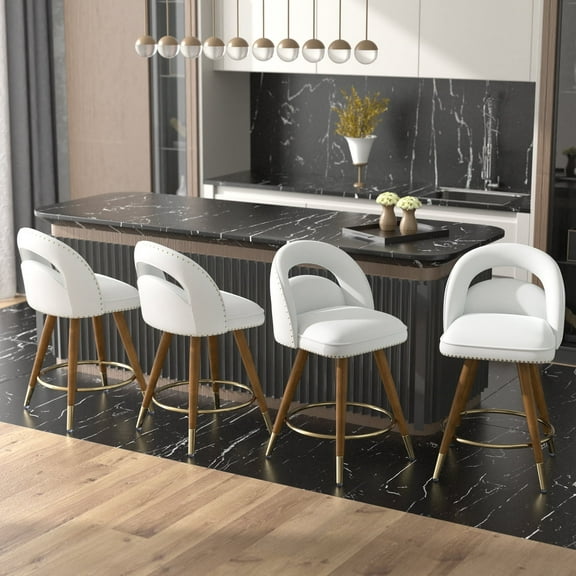 iooHug 360 Swivel Bar Stools Set of 4, 24 Inch Counter Height Bar Chairs with Backs, Velvet Upholstered Kitchen Island Stools, Solid Wood Legs, 300 LBS, White