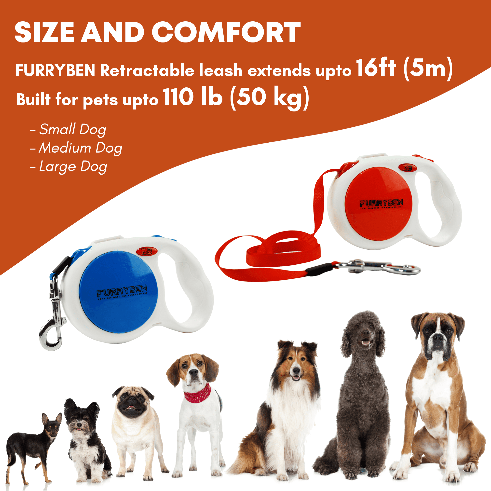 FURRYBEN Retractable Dog Leash | 16 ft Strong Nylon Tape | One-Click Brake, Pause, Lock (Blue)