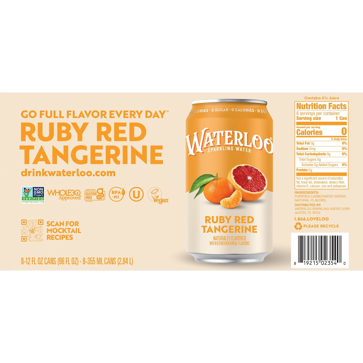 (3 pack) Waterloo Sparkling Water, Ruby Red Tangerine, 12 fl oz, 8 pack cans