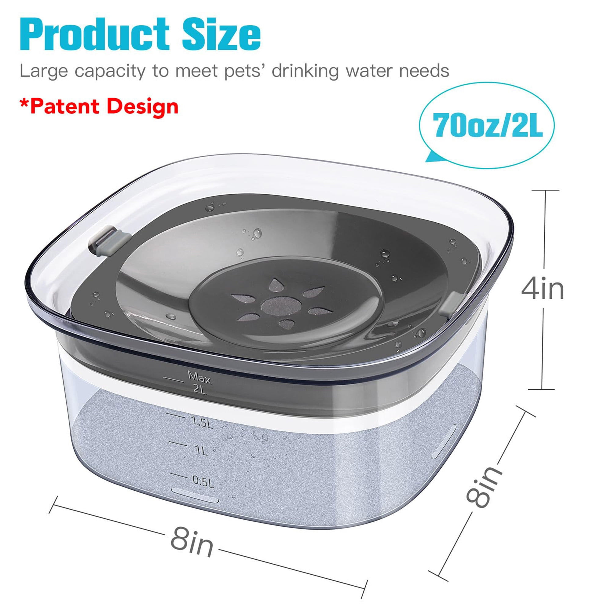 Large 70oz No Spill Dog Water Bowl, 2L Spill Proof Slow Feeder Pet Bowl with Floating Disk, Trael Friendly Slip Design for Messy Drinkers, Car Use, Multi Pet Homes, Gray