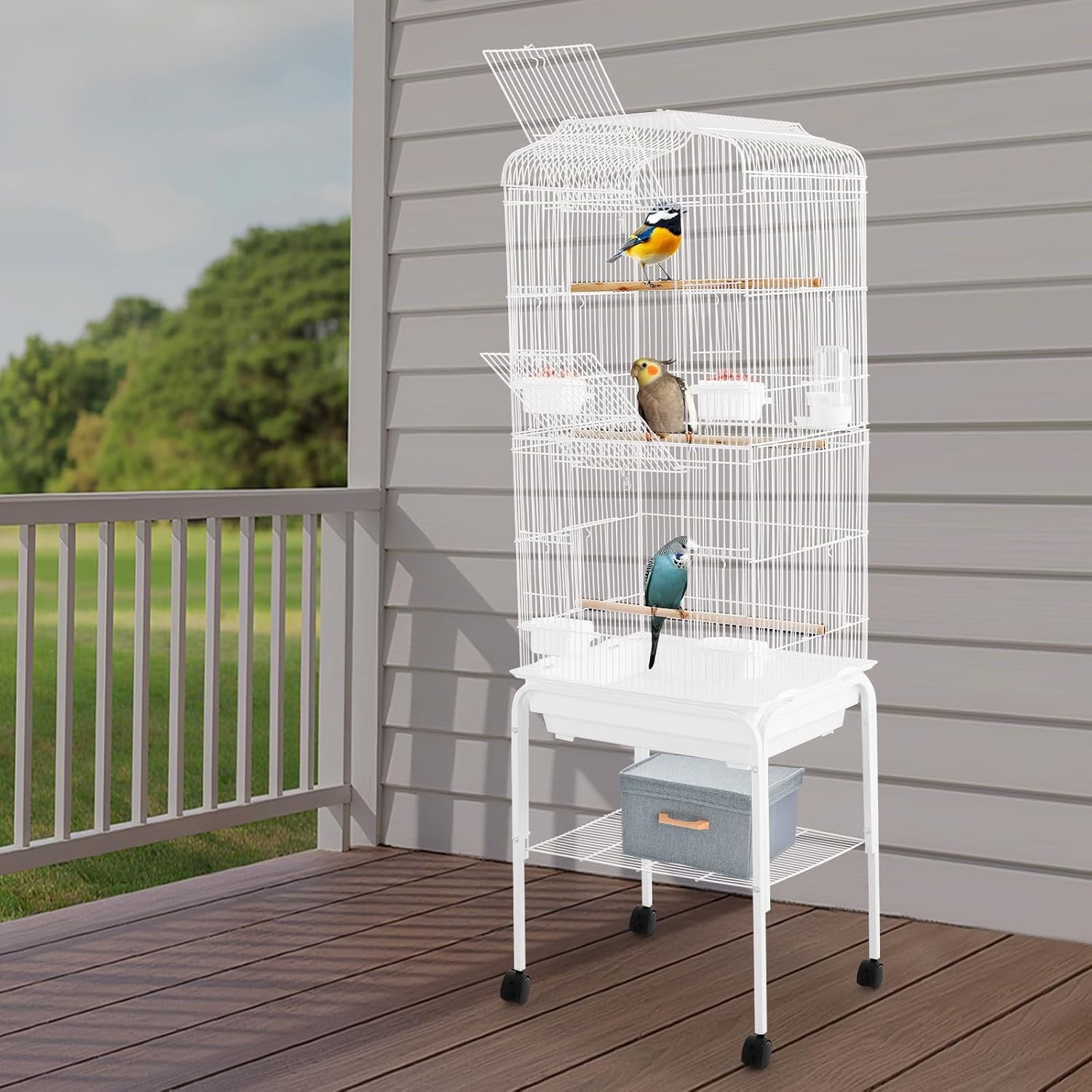 Large Bird Cage with Stand, 18x14.6x54 Inch Rolling Birdcage with Wheels, Freestanding Parakeet Cage with Tray and Storage Shelf, Metal Parrot Bird Cage for Cockatiels Finches Canaries Lovebirds