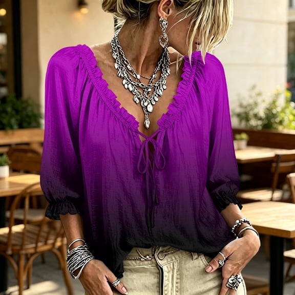 Women Blouse Tops V Neck 3/4 Sleeve Lightweight Shirts 3/4 Sleeve V Neck Peasant Top Abstract Geometric Print Flowy Summer Ruffe Shirt