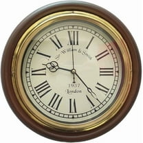 William & Smith Vintage Wall Clock, 16 Inch, Roman Numerals, Brown Wood Frame, Silent Non-Ticking
