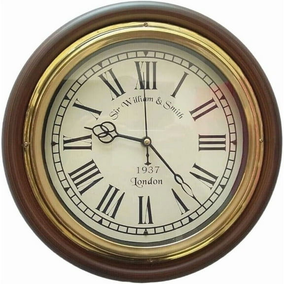 William & Smith Vintage Wall Clock, 16 Inch, Roman Numerals, Brown Wood Frame, Silent Non-Ticking