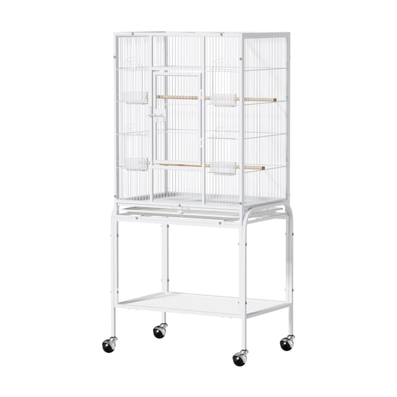 Ktaxon 53 Inch White Standing Metal Bird Cage with Rolling Wheel Stand, Large Vertical Parrot Cage with Storage Shelf & Pull Out Tray for Small Medium Birds