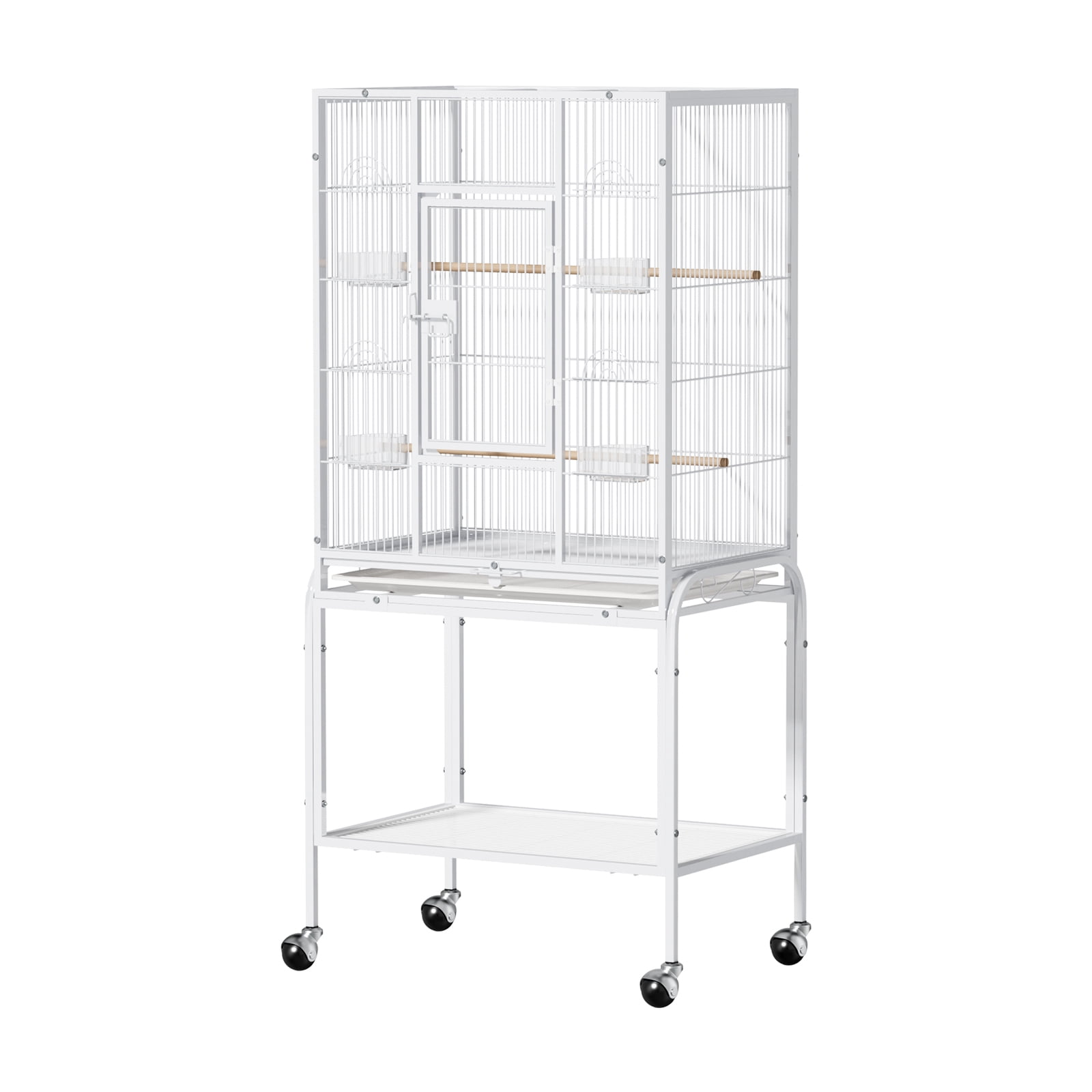 Ktaxon 53 Inch White Standing Metal Bird Cage with Rolling Wheel Stand, Large Vertical Parrot Cage with Storage Shelf & Pull Out Tray for Small Medium Birds