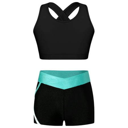 Runhomal Kids Girls Gymnastics Dance Outfits Dance Sports Bra with Yoga Shorts 2 Piece Set Athletic Black&Blue Green 4